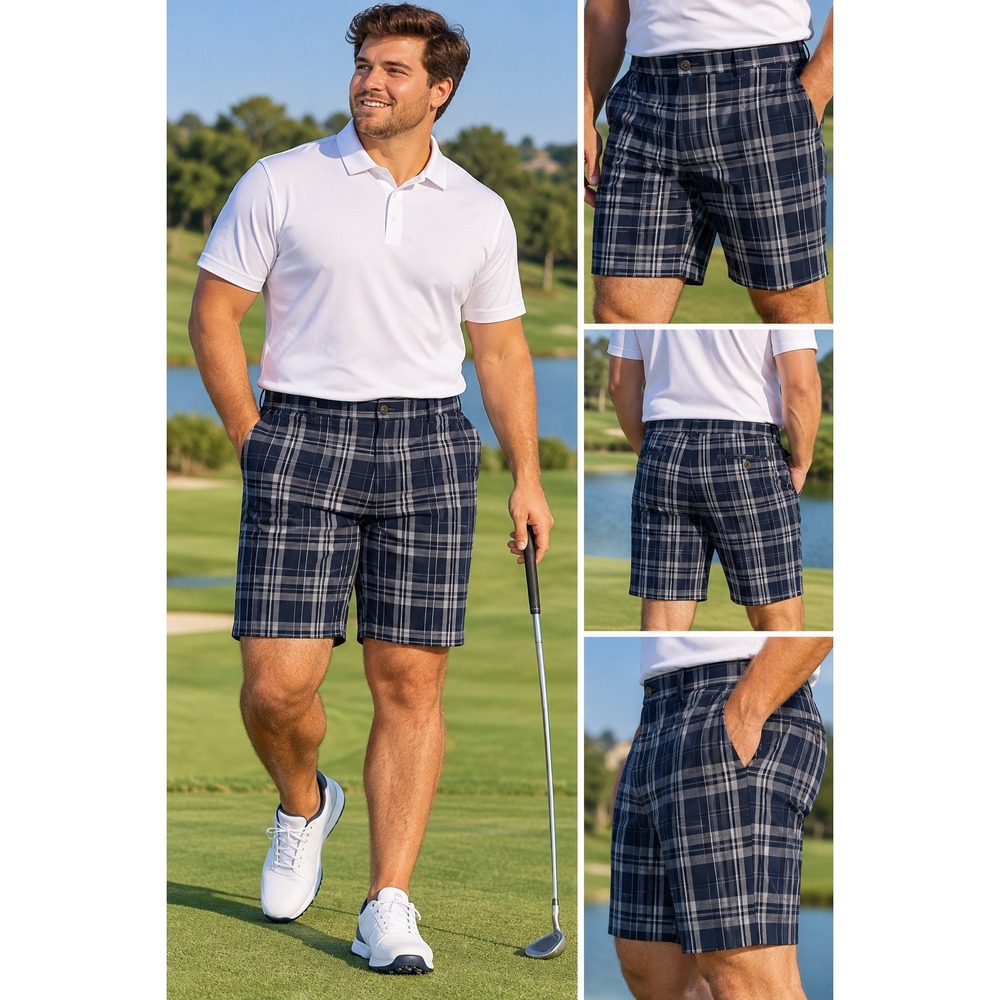 Haggar Plaid Shorts Size 44 Navy Grey Flat Front Golf Casual Summer #1694